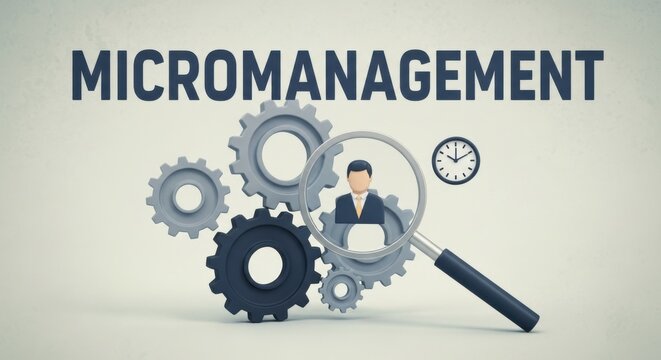 Micromanagement business concept with magnifying glass over employee, corporate control and supervision metaphor, gears and clock on gray background