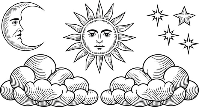Vintage celestial illustration set with sun moon clouds and stars in engraved hand drawn style for decorative design use
