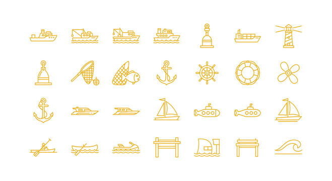 Marine and nautical line icon set with anchor, lighthouse, sailboat, shell, fish and coastal travel symbols isolated on white background