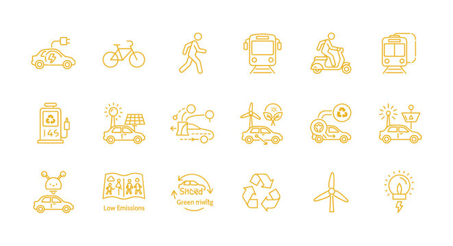 Travel and urban mobility line icon set with bicycle, train, airplane, taxi and transport symbols isolated on white background