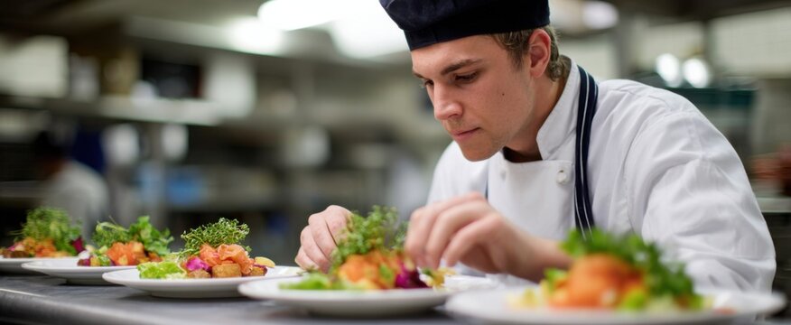sous chef dancing like a maestro while artfully garnishing plates in the kitchen whirlwind