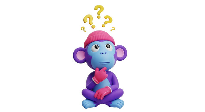 A curious cartoon monkey with question marks floating above its head