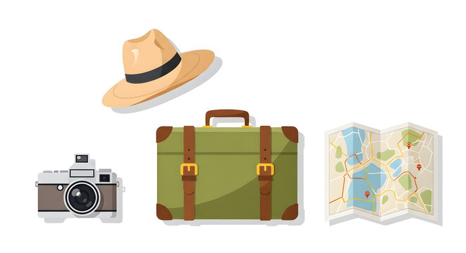 Travel Essentials Hat Suitcase Camera Map