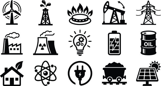 Collection of various energy and power generation related icons and symbols used for infographics  renewable and nonrenewable