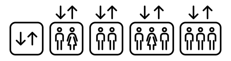 Outline elevator icon set featuring directional arrows and passenger capacity symbols. Lift signage pictograms for floor navigation, wayfinding and building interiors. Minimal icons isolated. © IRYNA