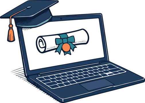 Online Learning and Digital Education Concept with Laptop and Graduation Cap Minimal Hand Drawn Vector