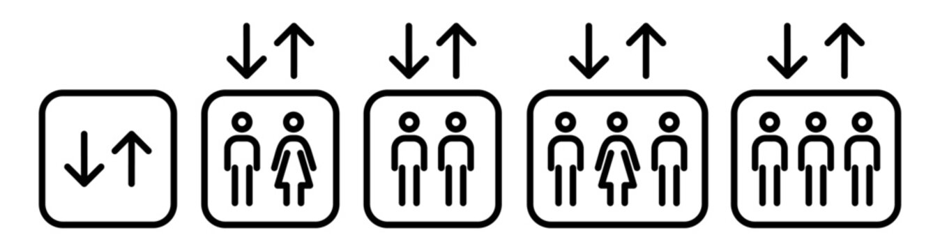 Outline elevator icon set featuring directional arrows and passenger capacity symbols. Lift signage pictograms for floor navigation, wayfinding and building interiors. Minimal icons isolated.