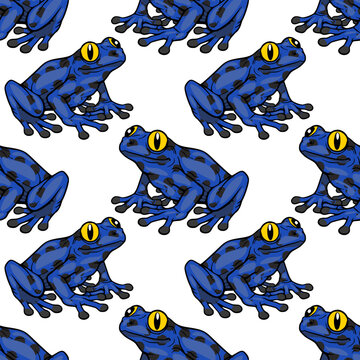Vibrant blue poison dart frog vector pattern with black spots, seamless jungle illustration