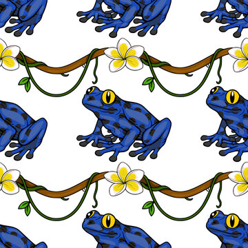 Vibrant blue poison dart frog with yellow eyes on a branch with plumeria flowers, seamless vector pattern