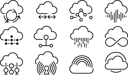 Obraz premium Cloud Computing Icons, Weather Symbols, Cloud Service Logos, Vector Graphics