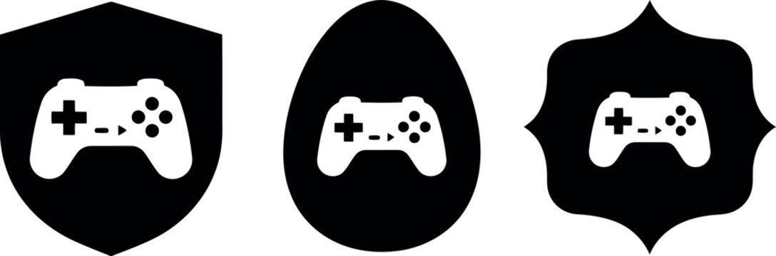 Black and White Game Controller Icon Set in Shield, Egg, and Badge Shapes for Gaming Design
