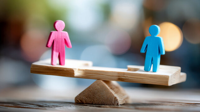 Wooden balance scale with pink and blue human figures illustrating gender balance, equality and social comparison