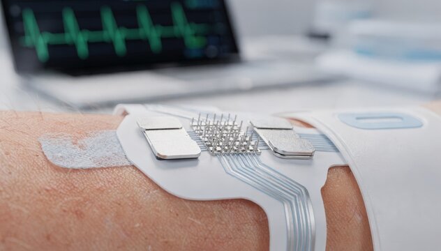 Closeup of a wearable cardiac patchs sensor electrodes integrated with a tabletbased app displaying ECG signals main object sharply in focus the rest artistically blurred.