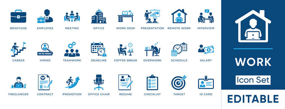 Work icon set. Containing remote work, freelancer, hiring, resume, presentation, meeting, career, teamwork and more. Solid vector icons collection.