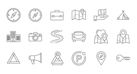 A collection of linear icons depicting travel navigation and outdoor adventure themes © shakil
