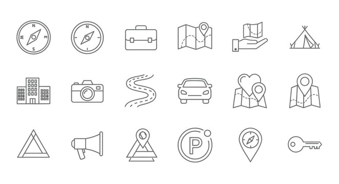 A collection of linear icons depicting travel navigation and outdoor adventure themes