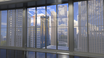 Panoramic windows in the hall of building overlooking high-rise buildings and sky. 3d illustration © Wire_man