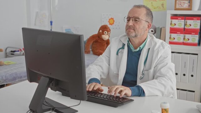 Man doctor with stethoscope typing at computer while raising index finger in a pediatric clinic; friendly reassurance.
