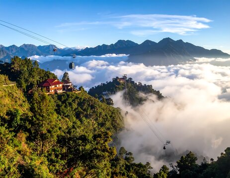 A vibrant scenic view showcases a mountainscape with cable cars, nestled amidst fluffy clouds illuminated by sunlight. Lush green foliage drapes the foreground