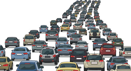 Fototapeta premium A vast array of diverse automobiles is viewed from the rear as they sit stalled in a massive multi-lane highway gridlock against a white background.