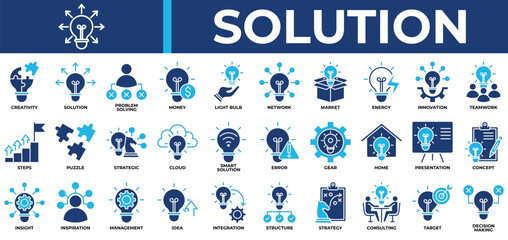 Fototapeta premium Solution icon set collection. Containing intelligent, spirit, question, cog, puzzle, decision, planning .Solid vector icons collection