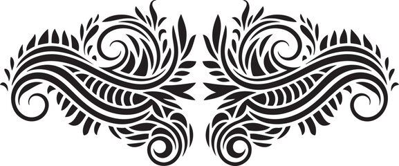 Fototapeta premium Intricate black tribal ornamental design with symmetrical composition and decorative floral elements. Silhouette vector illustration with out background.
