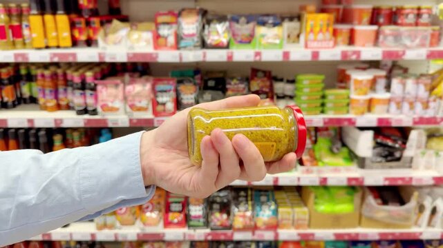 choosing olive oil, sauce, vinegar at the grocery store