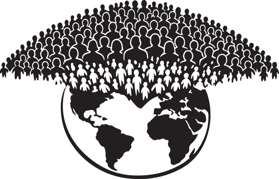 Black silhouette of 8.3 billion tiny human icons on globe