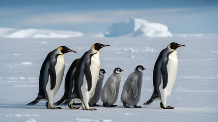 Obraz premium Antarctic Penguin Family Walking on Ice, Wildlife Conservation Awareness Nature Scene