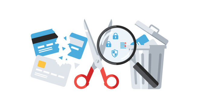 Financial security is emphasized through a broken credit card being discarded into a trash bin alongside red scissors and a specialized security magnifying glass.