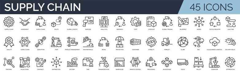 Naklejka na ściany i meble Set of 45 outline icons related to supply chain. Linear icon collection. Editable stroke. Vector illustration