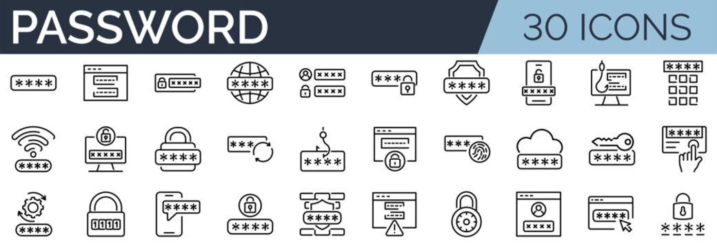 Set of 30 outline icons related to password. Linear icon collection. Editable stroke. Vector illustration
