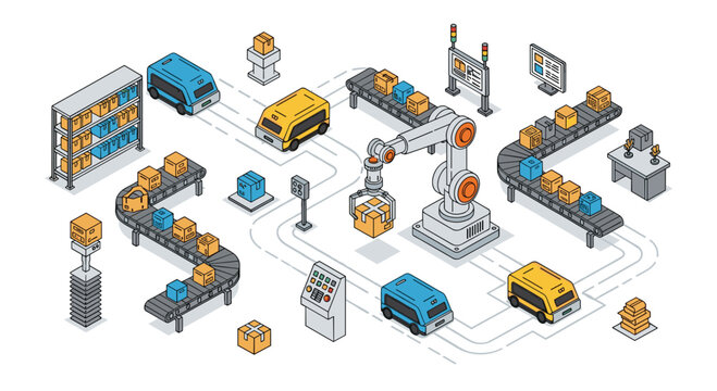 This detailed isometric illustration showcases a highly advanced automated warehouse featuring robotic arms and winding conveyor belts for efficient sorting.