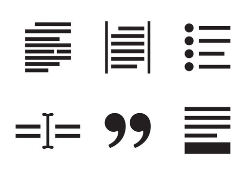 Text formatting and typography icons for document editing including quotes lists and vector design.