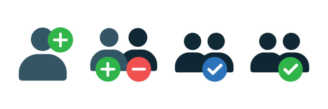 Group user icons with add remove and check symbols for managing contacts and membership.