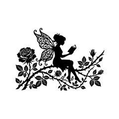 Fototapeta premium black silhouette of fairy reading book on floral branch