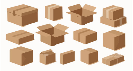 Fototapeta premium Realistic 3D Cardboard Boxes and Paper Parcels Set Shipping Packaging Collection
