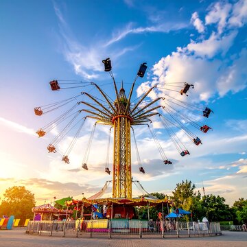 A vibrant shot of an amusement park ride with a central tower and swinging seats against a bright, cloudy sky