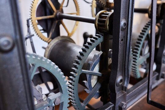 The mechanism of an antique tower clock. Close-up