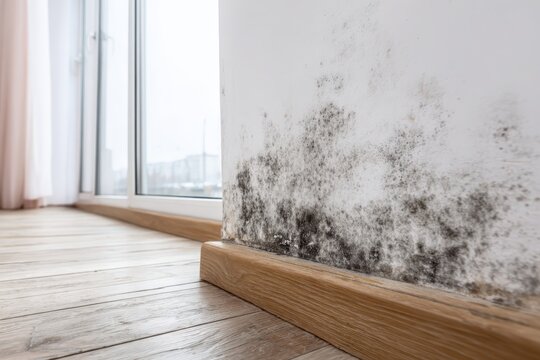 Black mould and fungus on wall near window. The problem of ventilation, dampness, cold in the apartment. Mold spots in the corner of white walls. Spores thrive on moisture quickly grow into colonies