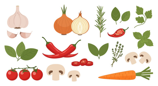 A colorful illustration of various vegetables and herbs for online shopping