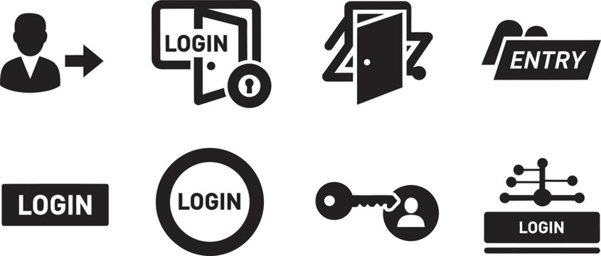 Collection of black silhouette icons representing access security and login processes