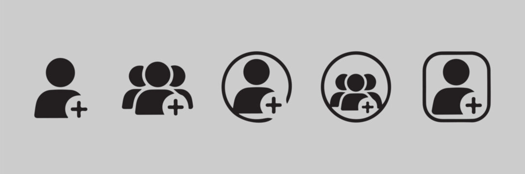 Add user and new group member icons set with plus symbols for account creation and team expansion illustrations.