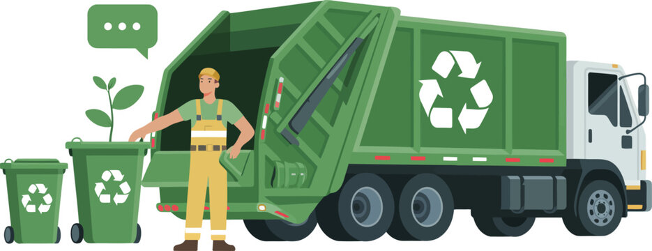 Worker loading recycling bin into garbage truck vector illustration.