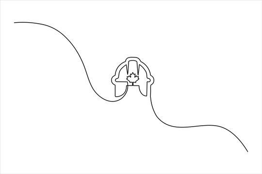 Minimalist continuous one-line drawing of a safety hard hat with a maple leaf. Vector silhouette for Canadian Labour Day and construction concepts.