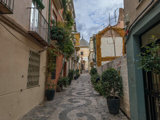 Obraz premium Picturesque narrow street in an old European town, adorned with intricate cobblestone mosaics and potted greenery.