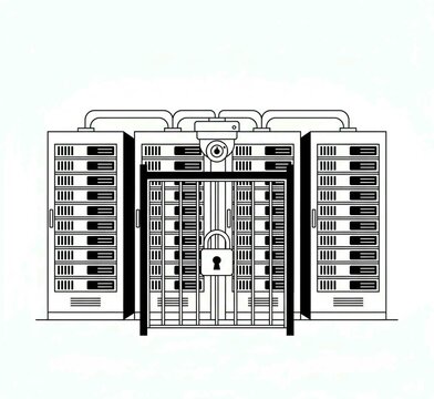 Secure server room with locked gate and padlock, representing data protection and cybersecurity.
