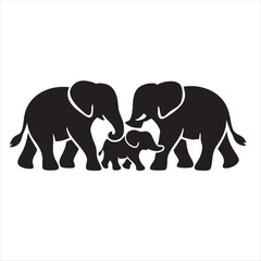 Obraz premium Black elephant group silhouette isolated on white, wild animal family.