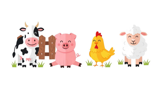 Cartoon farm animals vector set with livestock in rustic rural barnyard