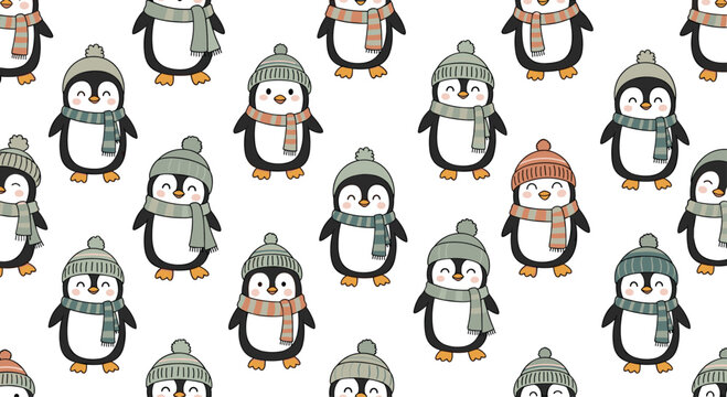 Cute penguins wearing colorful winter hats and striped scarves on a seamless white background create a charming seasonal pattern for children.